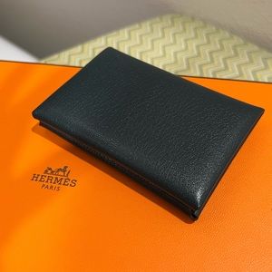 Hermes Calvi Goatskin Card Holder / Case in Dark Blue